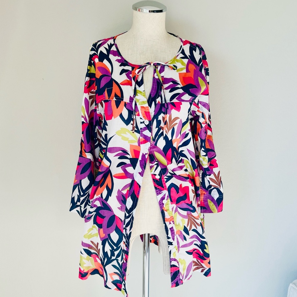 Multicolored Floral Print Open Front Tunic Swim C… - image 1